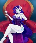 alcohol anthro anthrofied beverage blue_eyes blush breasts chair cleavage clothed clothing cutie_mark dress eyeshadow female fingers furniture hair half-closed_eyes horn long_hair looking_at_viewer makeup narrowed_eyes purple_hair sitting solo white_body wine mrscurlystyles friendship_is_magic hasbro my_little_pony mythology rarity_(mlp) equid equine horse mammal mythological_creature mythological_equine unicorn 2022 absurd_res hi_res signature