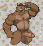 anthro balls big_balls big_muscles big_penis brown_eyes clothing erection genitals glans hand_on_head hat hat_only headgear headgear_only headwear headwear_only heart_symbol humanoid_genitalia jewelry lgbt_pride looking_pleasured male mischievous_smile mostly_nude musclegut muscular pendant penis pose pride_colors pride_heart rainbow rainbow_heart rainbow_pride_colors rainbow_symbol simple_background six-stripe_rainbow_pride_colors solo white_background michwolfestein lgbt_pride_month kodiak_(kodiak079) bear mammal hi_res