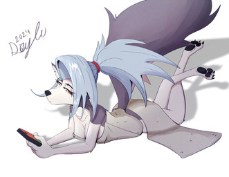 anthro breasts cellphone electronics eyebrow_piercing facial_piercing female fur grey_body grey_fur grey_hair hair phone piercing reading red_sclera solo towel white_body white_eyes white_fur doylecoati hellaverse helluva_boss mythology loona_(helluva_boss) canid canid_demon canine demon hellhound mammal mythological_canine mythological_creature 2024 absurd_res digital_media_(artwork) hi_res