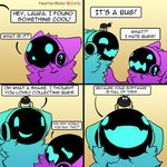 1:1 2021 ambiguous_gender arthropod blue_body blue_fur comic dialogue english_text fur googly_eyes group heartermobs hi_res humor insect laura_(heartermobs) machine multi_leg multi_limb protogen protogen_visor purple_body purple_fur simple_background smile text