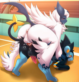 all_fours anal anal_penetration animal_genitalia animal_penis anus ass_up backsack balls barefoot black_body black_fur black_pawpads blue_body blue_fur blush bodily_fluids butt claws cum cum_in_ass cum_inside detailed_background digitigrade doggystyle duo erection eyes_closed feet feral feral_on_feral from_behind_position fur genital_fluids genitals grin half-closed_eyes knot looking_back male male/male male_penetrated male_penetrating male_penetrating_male narrowed_eyes nude outside pawpads penetration penile penile_penetration penis penis_in_ass perineum pink_nose pink_penis quadruped rear_view red_penis sex shadow smile teeth toe_claws white_body white_fur yellow_body yellow_eyes yellow_fur yellow_pawpads lysergide nintendo pokemon felid generation_4_pokemon generation_6_pokemon luxray mammal mega_absol mega_evolution pokemon_(species) 2015 absurd_res hi_res