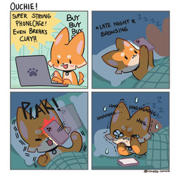 ambiguous_gender anthro bed computer duo electronics furniture laptop phone solo_focus text couppy_comics canid canine canis domestic_dog herding_dog mammal pastoral_dog welsh_corgi 1:1 absurd_res comic english_text hi_res
