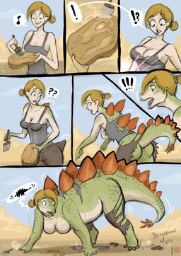 all_fours blonde_hair blue_eyes breast_expansion breasts butt clothing exclamation_point expansion featureless_breasts female feral fossil growth hair non-mammal_breasts outside paleontologist question_mark short_hair smile solo spiked_tail spikes spikes_(anatomy) surprised tail tail_growth thagomizer torn_clothing transformation transformation_sequence beingobscene dinosaur human mammal ornithischian prehistoric_species reptile scalie stegosaurian stegosaurus thyreophoran 2019 absurd_res hi_res sequence