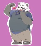 anthro belly big_belly black_body black_nose bottomwear clothing eyewear face_mask food fruit glasses humanoid_hands kemono male overweight overweight_male pants plant shirt solo sweater sweater_vest topwear vest white_body inunoshippo vtuber sasayama_akira bear giant_panda mammal 2022 hi_res