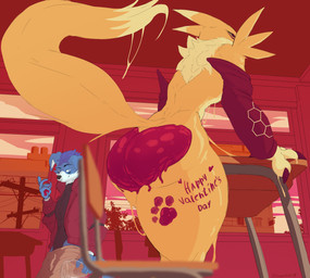 anthro armwear big_butt black_sclera blue_body blue_eyes blue_fur body_writing bodypaint bottomwear butt candy chair clothed clothing dessert dipstick_ears dipstick_tail duo ear_markings female fingers food fur furniture heart_symbol holidays inside jelly_(food) latex liquid_latex looking_at_viewer looking_back low-angle_view male markings multicolored_body multicolored_ears multicolored_fur neck_tuft paint pants red_clothing red_eyes smile standing table tail tail_markings text thick_thighs topwear tuft white_body white_fur wide_hips yellow_body yellow_fur 0grapheneheart0 bandai_namco digimon valentine's_day canid canine canis digimon_(species) domestic_dog mammal renamon absurd_res digital_media_(artwork) english_text hi_res