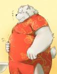 anthro asian_clothing belly bodily_fluids chinese_clothing chinese_dress clothed clothing dress east_asian_clothing fur hand_on_belly male moobs overweight overweight_anthro overweight_male solo sweat sweatdrop teeth tight_clothing white_body white_fur ibuki_haruno bear mammal polar_bear ursine hi_res