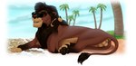 animal_genitalia anus balls beach beckoning eyewear felid feral genitals gesture hi_res karibu99 karibu99_(artist) lion looking_at_viewer lying male mammal on_side pantherine pawpads raised_tail sheath smile solo sunglasses tail tail_anus