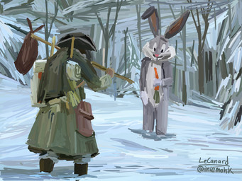 anthro bag bindle boots carrot clothing dead_tree duo food footwear gloves grey_body handwear holding_carrot holding_food holding_object holding_vegetable male plant shoes snow standing tree vegetable white_clothing white_gloves white_handwear winter winter_clothing iniemohk looney_tunes warner_brothers bugs_bunny human lagomorph leporid mammal rabbit 4:3 hi_res