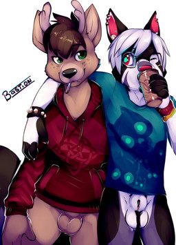 adolescent animal_genitalia anthro balls black_body black_fur blue_pupils bottomless brown_body brown_fur cigarette clothed clothing duo eyewear fur genitals glasses green_eyes hoodie male male/male pupils red_eyes sheath standing topwear white_body white_fur young young_anthro young_male raineshadowpaw bastion_(bastion) deer domestic_cat felid feline felis mammal absurd_res hi_res