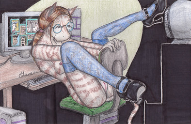 anthro bent_legs biped breasts brown_body brown_fur brown_hair camera chair clothing computer electronics exhibitionism eyebrows eyewear female footwear fur furniture genitals glasses hair high_heels internet legwear looking_up nipples nude office_chair on_chair ponytail raised_eyebrows shoes sitting sitting_backwards sitting_on_chair solo spread_legs spreading stockings straddling_chair stripes tail thigh_highs video_call vulva webcam white_body white_fur paul_lucas equid equine mammal zebra traditional_media_(artwork)