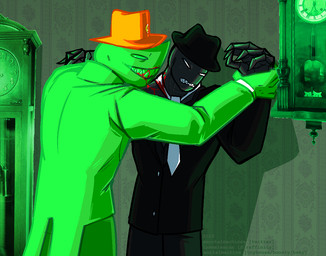 5_fingers against_surface against_wall bite black_body black_skin blood blood_in_mouth blood_on_clothing blood_on_face blood_on_teeth bodily_fluids claws clock clothed clothing duo exoskeleton fingers furniture grandfather_clock green_body green_eyes green_teeth hat headgear headwear male neck_bite necktie not_furry pattern_wall pinned pinned_to_wall sharp_teeth simple_background smile suit teeth text topwear white_eyes mortalmachine homestuck ms_paint_adventures diamonds_droog fin_(homestuck) alien alien_humanoid animal_humanoid aquatic carapacian humanoid leprechaun_(homestuck) digital_media_(artwork)