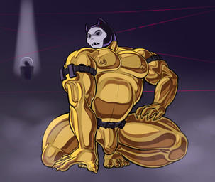 anthro armband belt black_latex bulge clothing crouching detailed_bulge genital_outline gold_latex hand_on_leg hand_on_thigh laser latex latex_clothing latex_mask latex_skinsuit male mask muscular muscular_male nipple_outline penis_outline skinsuit smoke smoke_cloud solo straps tactical_gear tight_clothing owy meowdas felid feline mammal hi_res