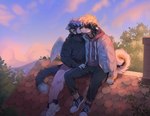 5_fingers anthro clothed clothing collar day detailed_background duo feathered_wings feathers fingers footwear male male/male outside shoes sitting sky wings fumiko canid canine canis domestic_dog felid feline hybrid mammal 2023 digital_media_(artwork) hi_res