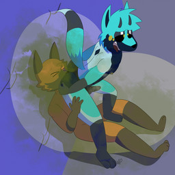black_clothing black_thong black_underwear blue_body blue_fur bulge clothing detailed_bulge duo erection evil_face evil_grin facesitting fart fart_fetish fur male musk orange_body orange_fur sitting_on_another smile tenting thong underwear wolftriax xatir canid canine canis demon fox mammal wolf 1:1 hi_res