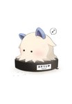 ambiguous_gender beady_eyes blush cleaning_tool feral fluffy fur riding simple_background solo text vacuum_cleaner white_background white_body white_fur motoiwork palworld pocketpair roomba pal_(species) swee hi_res japanese_text