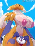 anthro areola between_thighs big_breasts black_sclera blue_eyes breasts duo female fur head_between_thighs neck_tuft nipples nude thick_thighs tuft white_body white_fur wide_hips yellow_body yellow_fur snappygrey bandai_namco digimon canid canine digimon_(species) imp impmon mammal renamon