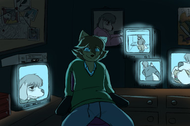 anthro blue_eyes bottomwear brown_hair chair clothed clothing crazy_eyes crazy_smile dark_room electronics female furniture green_clothing green_sweater green_topwear hair insane looking_at_viewer male on_chair pants photo screen_glow short_hair sitting sitting_on_chair smile solo stalker sweater sweatpants television topwear vcr unawarey claire_(unawarey) dan_(unawarey) canid canine canis domestic_cat domestic_dog felid feline felis mammal digital_media_(artwork)