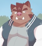 anthro brown_body kemono male overweight overweight_male solo whitebeast20 knights_college hermann_(knights_college) mammal suid suine sus_(pig) wild_boar 2022 absurd_res half-length_portrait hi_res portrait