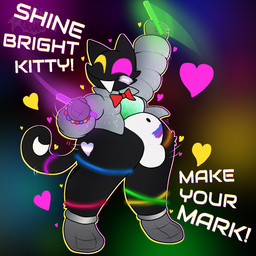 anthro big_bulge bisexual_pride_colors bodypaint bow_tie bulge cheek_tuft cropped_jacket dancing face_paint facial_tuft glowing glowstick heart_symbol heterochromia lgbt_pride microphone_hands motion_lines one_eye_closed open_mouth paint_on_face paint_on_hip paint_on_stomach pride_colors puffer_jacket rave shaking_hips slightly_chubby solo tail tail_mouth text thick_thighs transgender_pride_colors tuft unusual_anatomy unusual_tail wide_hips wink apollysabyss deltarune undertale_(series) cat_mike_(deltarune) domestic_cat felid feline felis mammal shadowguy_(deltarune) 1:1 2026 digital_media_(artwork) english_text hi_res trans_(lore)