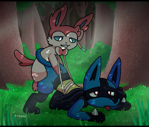 ambiguous_gender ambiguous_penetrated ambiguous_penetration anthro anthro_on_feral anthro_penetrated ass_up bestiality black_bars blue_body blue_eyes blue_fur detailed_background doggystyle duo feral feral_penetrating feral_penetrating_anthro forest from_behind_position fur larger_sub male male/ambiguous male_penetrating male_penetrating_ambiguous penetration perching_position pink_body pink_fur plant red_eyes ribbons sex size_difference submissive tail tail_wraps tongue tongue_out tree white_body white_fur wraps conditional_dnp kazoko_(artist) nintendo pokemon canid canine eeveelution generation_4_pokemon generation_6_pokemon lucario mammal pokemon_(species) sylveon animated hi_res letterbox no_sound short_playtime video