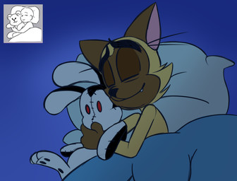 anthro bed bed_sheet bedding black_nose brown_body brown_ears brown_fur eyes_closed fur furniture head_on_pillow hug hugging_object hugging_plushie lying lying_on_bed male multicolored_body multicolored_fur on_bed on_side pillow plushie sleeping smile solo two_tone_body two_tone_fur 8-bit-britt bunnicula_(series) chester_(bunnicula) domestic_cat felid feline felis mammal 2017 digital_media_(artwork)