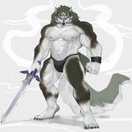 abs anthro anthrofied biceps big_muscles big_tail bracelet clothed clothing front_view fur hair holding_object holding_weapon jewelry looking_at_viewer male master_sword melee_weapon muscular muscular_anthro muscular_male nipples pecs simple_background solo standing sword tail topless topless_male underwear underwear_only weapon white_background ariyakonsuay nintendo the_legend_of_zelda twilight_princess link_(wolf_form) canid canine canis mammal wolf 1:1 digital_media_(artwork) hi_res letterbox