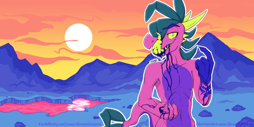 4_fingers abs ambiguous_fluids anthro athletic beckoning bedroom_eyes blood blue_blood blue_body blue_scales blue_teeth bodily_fluids cloud colored_blood countershade_torso countershading creepy featureless_chest fingers gesture hair half-closed_eyes hatched_shading horn landscape looking_at_viewer male mountain narrowed_eyes navel neon nude pink_body pink_scales pseudo_hair purple_body purple_countershading purple_eyes purple_scales reverse_countershading scales seductive skinny slim smile solo sun surrealism tail teal_hair teeth text tongue tongue_out unusual_blood unusual_bodily_fluids yellow_horn yellow_sclera yellow_tongue conditional_dnp greenlinzerd mythology zinzer dinosaur dragon dromaeosaurid hybrid lizard mythological_creature mythological_scalie prehistoric_species reptile scalie theropod 2019 2:1 hi_res signature url