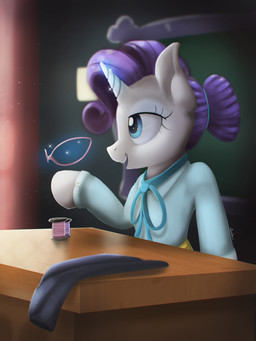 accessory alternate_hairstyle blue_eyes bow_shirt chalkboard classroom cloth clothed clothing desk eyelashes eyewear female feral furniture glasses glowing glowing_horn hair hair_accessory hair_bun hair_tie hooves horn information_board inside levitation magic open_mouth open_smile purple_hair school shirt sitting smile solo sparkles spool string_bow table teacher teeth thread topwear blackligerth friendship_is_magic hasbro my_little_pony mythology rarity_(mlp) equid equine mammal mythological_creature mythological_equine unicorn 2018 hi_res portrait