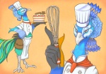 anthro beak blue_body blue_eyes blue_feathers cake chef cook dessert feathered_wings feathers female food green_body kitchen_utensils simple_background solo tan_background tools whisk wings clantals299 avian bird galliform indian_peafowl peafowl phasianid