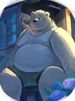 anthro belly big_belly blue_eyes clothing detailed_background eyewear glasses kemono male overweight overweight_male raining shirt sitting smoking solo topwear metaporin lifewonders tokyo_afterschool_summoners leib_(tas) bear mammal polar_bear ursine 2026 hi_res