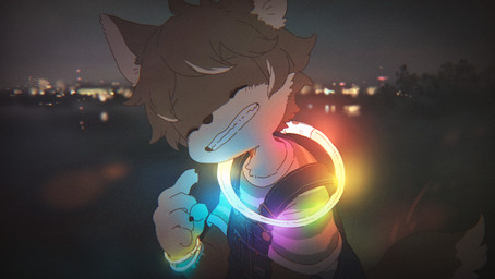 anthro city city_background clothing eyes_closed gesture glowing glowing_bracelet glowing_jewelry glowing_necklace grin hand_gesture jewelry kemono male necklace night outside overalls pattern_clothing pattern_shirt pattern_topwear pointing pointing_at_self shirt smile solo striped_clothing striped_shirt striped_topwear stripes topwear young young_anthro young_male nishiko24 ookami_(nishiko24) canid canine canis mammal wolf 2024 hi_res japanese_description