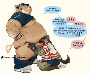anthro balls bodily_fluids clothing coach dialogue duo erection genitals jockstrap male male/male nipples oral penis saliva underwear hoggan hyena mammal suid suine sus_(pig) wild_boar absurd_res hi_res