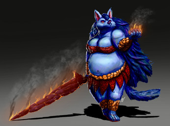 ankle_cuffs anthro belly big_belly big_breasts blue_body blue_fur bottomwear bra breasts claws cleavage clothed clothing cuff_(restraint) female fire flaming_sword fur hair half-closed_eyes holding_melee_weapon holding_object holding_sword holding_weapon long_hair melee_weapon mouth_closed narrowed_eyes navel overweight overweight_anthro overweight_female restraints shadow skirt slightly_chubby slightly_chubby_anthro slightly_chubby_female smoke solo sword tail thick_thighs underwear weapon wide_hips wrist_cuffs ian-exe dungeons_and_dragons hasbro wizards_of_the_coast fan_character canid canine canis jackal mammal 2024 hi_res signature
