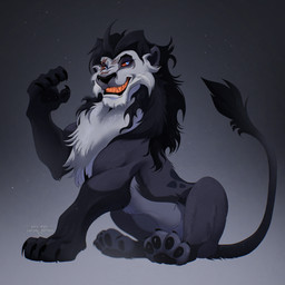black_claws black_mane black_nose black_pawpads blue_eyes cheek_tuft chest_tuft claws facial_tuft fangs feral fur grey_body grey_fur grin looking_at_viewer male male_feral mane orange_sclera orange_teeth pawpads smile solo tail tail_tuft teeth text tuft santanahoffman felid lion mammal pantherine 1:1 2025 artist_name dated hi_res