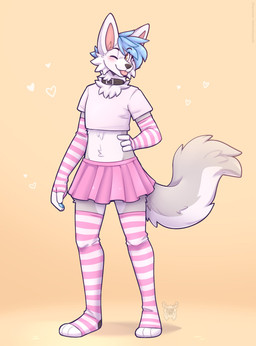 anthro armwear black_collar black_eyebrows black_nose blue_hair blue_pawpads blush cheek_tuft clothed clothing collar crossdressing eyebrows facial_tuft femboy fur grey_body grey_fur hair legwear male monotone_hair multicolored_body multicolored_fur one_eye_closed pattern_armwear pattern_clothing pattern_legwear pattern_stockings pawpads pink_tongue short_hair simple_background smile snout solo standing stockings striped_armwear striped_clothing striped_legwear striped_stockings stripes tail tongue tongue_out tuft two_tone_body two_tone_fur white_body white_fur yellow_eyes fleurfurr canid canine mammal colored digital_drawing_(artwork) digital_media_(artwork) hi_res shaded