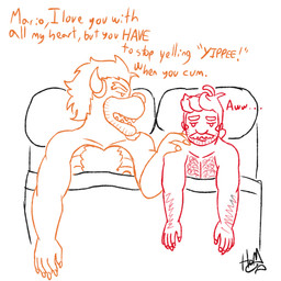 after_sex anthro bed dialogue duo eyebrows facial_hair furniture hair hairy male male/male messy_hair mustache orange_line_art red_line_art romantic romantic_couple simple_background stubble text under_covers white_background dropsofmoonlight mario_bros nintendo bowser mario human humanoid koopa mammal scalie 1:1 colored_line_art english_text hi_res