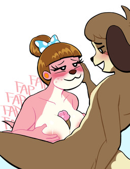 accessory ahoge anthro areola bangs barely_visible_nipples black_eyes blush bodily_fluids breast_play breasts brown_body brown_ears brown_fur brown_hair countershade_torso countershading dipstick_tail duo eyelashes female freckled_face freckles fur genital_fluids genitals glans hair hair_accessory hair_bun hair_ribbon hand_on_face humanoid_genitalia humanoid_penis long_eyelashes male male/female markings nipples nude onomatopoeia orange_inner_ear penis pink_areola pink_body pink_fur pink_glans polka_dot_bow polka_dot_hair_accessory ribbons romantic sex simple_background sound_effects tail tail_markings text titfuck white_background white_chest lovetopullmicke animal_crossing nintendo digby_(animal_crossing) lottie_(animal_crossing) canid canine canis domestic_dog mammal mustelid otter river_otter shih_tzu toy_dog absurd_res hi_res