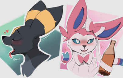 alcohol aroused beverage black_body blush bubble drunk drunk_bubble duo female female/female feral looking_at_viewer pink_body simple_background substance_intoxication tongue tongue_out soul_healer nintendo pokemon eeveelution generation_2_pokemon generation_6_pokemon pokemon_(species) sylveon umbreon hi_res