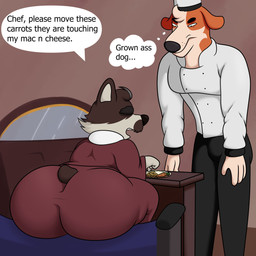 annoyed anthro big_butt black_bottomwear black_clothing black_hat black_headwear black_jacket black_nose black_pants black_topwear bottomwear brown_body brown_clothing brown_ears brown_fur brown_hair brown_hat brown_headwear brown_nose brown_robe butt carrot cheese chef chef_hat chef_uniform clothing dairy_products duo food fur grey_body grey_fur hair half-closed_eyes hat headgear headwear inside jacket king looking_at_another macaroni macaroni_and_cheese male multicolored_body multicolored_clothing multicolored_fur multicolored_topwear narrowed_eyes pants pasta plant plate rear_view robe royalty short_tail sitting speech_bubble standing tail teeth text thick_thighs thought_bubble three-quarter_view topwear two_tone_body two_tone_clothing two_tone_fur two_tone_hat two_tone_jacket two_tone_topwear vegetable white_clothing white_hat white_headwear white_jacket white_topwear colossalstars richard_higgles canid canine canis domestic_dog herding_dog mammal pastoral_dog welsh_corgi 1:1 2026 absurd_res digital_media_(artwork) english_text hi_res
