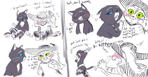 anthro blue_eyes blush clothed clothing dialogue duo eye_contact female green_eyes looking_at_another male male/female sitting talking_to_another talking_to_partner teasing text ultimatellurker dreamworks puss_in_boots_(franchise) kitty_softpaws puss_in_boots_(dreamworks) domestic_cat felid feline felis mammal tabby_cat tuxedo_cat comic english_text hi_res