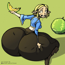big_butt blonde_hair butt female food fruit green_background hair huge_butt looking_back melon not_furry outside plant simple_background sitting solo text thick_thighs tail-blazer breath_of_the_wild nintendo the_legend_of_zelda princess_zelda hylian 1:1 2024 hi_res url