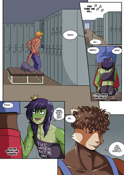 anthro bodily_fluids clothing crown dialogue duo headgear implied_handjob locker_room male male/male music shirt smile sweat tank_top topwear undressing nattonna jayjay_(nattonna) kuera_takeshima ailurid amphibian canid canine fox frog mammal red_panda comic hi_res nonbinary_(lore)