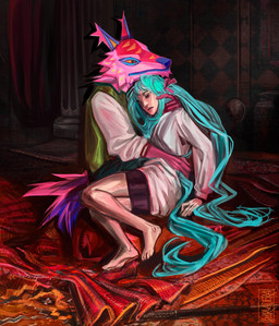 accessory anthro arm_around_neck blue_body blue_fur blue_hair blue_lips blue_nose bottomwear bow_(feature) bow_accessory bow_ribbon clothing cradling detailed_background duo eyes_closed feet female floor fur hair hair_accessory hair_bow hair_ribbon inside jacket letterman_jacket light_body light_skin lips long_hair long_sleeve_shirt male pants pillar pinata pink_body pink_fur ribbons shirt slavic_vernacular_architecture staff tail text topwear wall_(structure) yellow_eyes barladera epic_games fortnite ivan_the_terrible_and_his_son_ivan vocaloid yamaha_corporation andy_fangerson hatsune_miku alebrije animate_inanimate canid canine canis human living_pinata mammal wolf 2025 artist_name hi_res inspired_by_formal_art signature