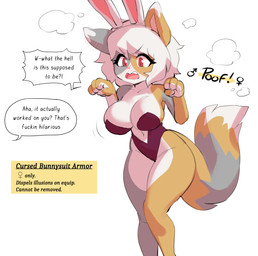 anthro big_breasts biped blush breasts clothed clothed_anthro clothed_female clothing cursed_clothing dialogue female female_anthro fur gender_transformation grey_body grey_fur hair mtf_transformation offscreen_character profanity red_eyes simple_background skimpy solo speech_bubble text transformation white_background white_body white_fur white_hair yellow_body yellow_fur borvar arcanis_(hahaluckyme) calico_cat domestic_cat felid feline felis mammal colored digital_media_(artwork) english_text hi_res source_request