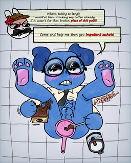 anal anal_penetration annoyed anthro balls bedroom_eyes beverage blush blush_lines butt butt_from_the_front clothed clothing coffee dialogue dog_ears eyewear foreskin front_view funnel funnel_in_ass genitals glasses lying male narrowed_eyes on_back partially_clothed paws penetration penis perineum seductive solo speech_bubble spread_legs spreading toony wearing_glasses trippertrip animal_hospital barney_(animal_hospital) secretary_(animal_hospital) canid canine lagomorph leporid mammal rabbit hi_res