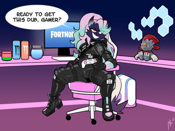 2_horns anthro black_bodysuit black_boots black_clothing black_footwear black_gloves black_handwear black_skinsuit bodysuit boots breasts clothed clothed_anthro clothed_female clothing controller dialogue electronics female footwear fur game_controller gaming_chair gloves grin hair handwear horn looking_at_viewer medium_breasts monitor monster_energy_can multicolored_hair pink_hair plushie purple_body purple_fur shoes sitting skinsuit smile solo speech_bubble spread_legs spreading tail talking_to_viewer teal_hair text tight_clothing two_tone_hair yellow_eyes lettuce_(artist) monster_energy nintendo pokemon generation_4_pokemon mammal mephitid pokemon_(species) skunk weavile 2024 absurd_res english_text hi_res