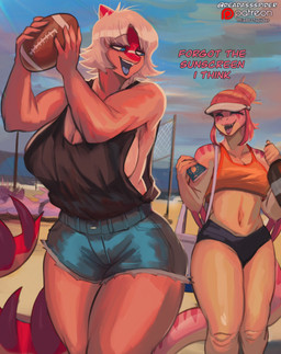 5_fingers american_football anthro arm_spikes beach big_breasts black_clothing black_shirt black_tank_top black_topwear blonde_hair blue_eyes blue_sky bone_frill bottomwear breasts clothed clothing crop_top curvy_figure day denim denim_bottomwear denim_clothing denim_shorts detailed_background dialogue elbow_spikes eyelashes eyes_closed female fingers frill_(anatomy) glistening glistening_body glistening_legs glistening_scales group hair hair_bun hat head_spikes headgear headwear hotpants huge_breasts huge_thighs long_tail midriff multicolored_body multicolored_scales navel net open_mouth open_smile orange_body orange_clothing orange_crop_top orange_hair orange_scales orange_shirt orange_topwear outside patreon_logo pink_body pink_scales purple_hair red_body red_scales scales sharp_teeth shirt short_hair shorts side_boob skimpy sky smile spiked_tail spikes spikes_(anatomy) sport sunbathing sunburn sunscreen tail tank_top teeth text thick_thighs topless topless_anthro topless_female topwear trio two_tone_body two_tone_scales visor_cap volleyball_net voluptuous voluptuous_anthro voluptuous_female wide_hipped_anthro wide_hipped_female wide_hips deadassspider cavemanon_studios i_wani_hug_that_gator patreon snoot_game callie_(snoot_game) chelsea_(arsenic_iii) fan_character mia_moretti allosauroid aquilops carcharodontosaurid ceratopsian concavenator dinosaur hadrosaurid marginocephalian ornithischian ornithopod parasaurolophus prehistoric_species reptile saurischian scalie theropod 2025 absurd_res artist_name digital_drawing_(artwork) digital_media_(artwork) english_text hi_res watermark