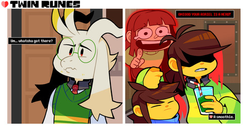 anthro brown_hair clothing eyewear fur glasses green_clothing green_shirt green_topwear group hair inside male shirt text topwear white_body white_fur yellow_body yellow_skin akanemnon deltarune icarly nickelodeon undertale undertale_(series) whatcha_got_there?_a_smoothie asriel_dreemurr chara_(undertale) frisk_(undertale) kris_dreemurr bovid caprine ghost goat human mammal spirit 2023 hi_res nonbinary_(lore)
