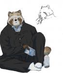 anthro biped bottomwear brown_body brown_fur clothing fur male pants shirt sitting solo topwear 7gaku_7 canid canine mammal raccoon_dog tanuki 2019 hi_res