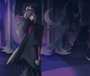 alternative_fashion anthro beanie cardigan clothing crescent_moon detailed_background female frown fur goth grey_body grey_fur grey_hair hair hat headgear headwear holding_pill_bottle long_hair moon pink_hair solo standing white_face il_estv hellaverse helluva_boss octavia_(helluva_boss) avian avian_demon bird demon owl owl_demon digital_media_(artwork) hi_res young_(lore)